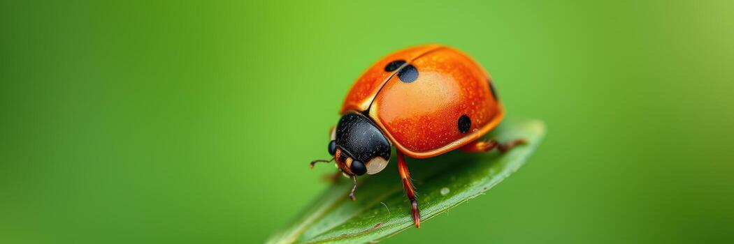 Close-up of a vibrant ladybug resting on a green leaf in a garden during springtime photo