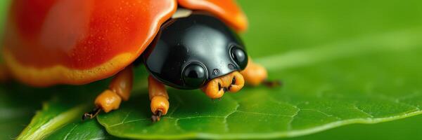 Close-up of a vibrant ladybug crawling on a green leaf in a lush garden during midday photo
