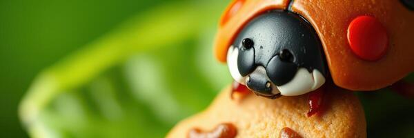 Colorful ladybug enjoying a cookie on a green leaf in a natural setting during daylight photo