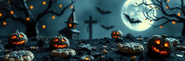 Festive Halloween display featuring carved pumpkins, spooky trees, and eerie moonlight in a graveyard setting photo