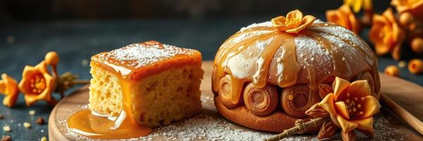 Delicious dessert spread featuring caramel cake and sweet treats on a wooden platter with floral decorations photo