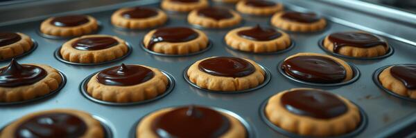 Baking peanut butter cookies topped with chocolate ganache in a kitchen setting photo