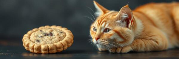 Orange cat staring longingly at freshly baked cookie on dark surface in cozy indoor setting photo
