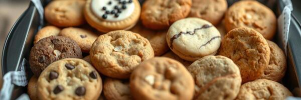 Delicious assortment of freshly baked cookies displayed on a tray ready for tasting at a home gathering photo