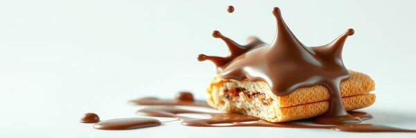 Chocolate sauce splashes over a crispy dessert bar on a clean surface photo