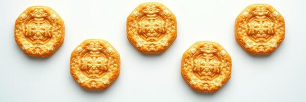 Unique baked cookies arranged in a creative pattern on a white background showcasing their intricate design and golden color photo