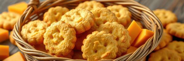 sabroso queso galletas servido en un tejido cesta con cubitos de queso Cheddar queso en un rústico de madera mesa foto