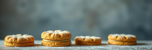 Delicious homemade cookies arranged on a wooden table with powdered sugar photo
