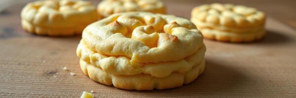 Freshly baked cloud bread resting on a wooden surface, showcasing fluffy texture and golden hue photo