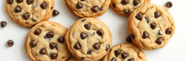 Freshly baked chocolate chip cookies arranged on a white plate, creating an inviting dessert display for all occasions photo