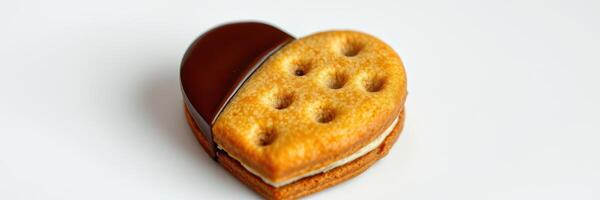 Heart-shaped cookie filled with cream and coated in chocolate displayed on a white background photo