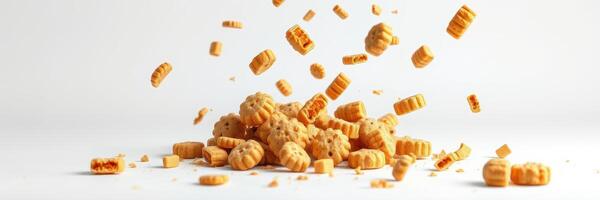 Crunchy cookies fall dramatically on a plain white surface creating a delicious mess photo