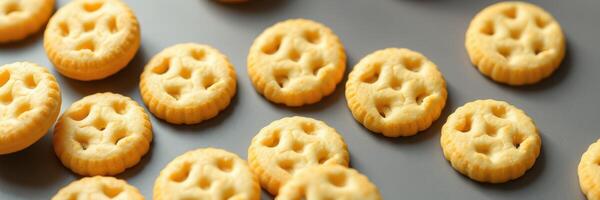 Baked cookies arranged neatly on a dark surface highlighting their golden color and unique shape photo