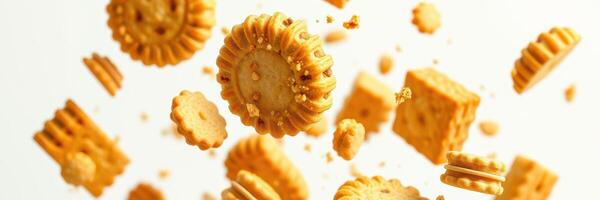 Cookies floating in midair create a whimsical display of sweet treats against a light background photo