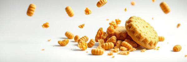 Delicious cookies falling and creating a delightful mess on a white background photo