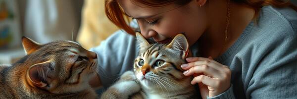 Woman affectionately interacts with two cats in a cozy indoor setting during afternoon photo