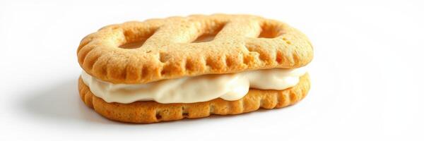 Cream-filled biscuit sits prominently against a white background showcasing its texture and structure photo