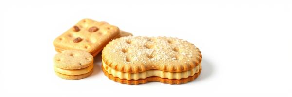 Assorted cookies on white background showcasing various shapes and textures for delightful snacking experiences photo