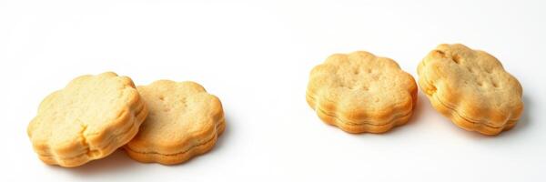 Deliciously baked cookies arranged on a white background showcasing their golden texture and unique shape photo