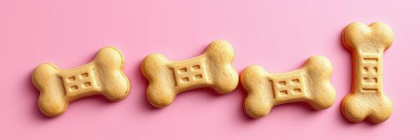 Dog bone shaped biscuits arranged on a pink background for pet treats photo