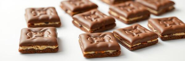 Chocolate-covered biscuits arranged neatly on a white surface, inviting sweetness and indulgence for all photo