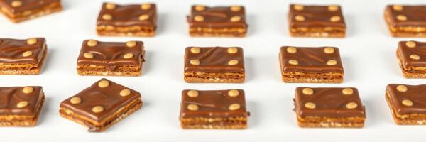 Squares of chocolate-covered treats arranged neatly on a white surface for a delightful display of texture and color photo