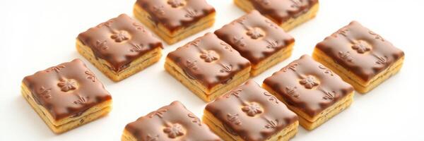 Delicious rectangular biscuits topped with chocolate arranged neatly on a white background photo