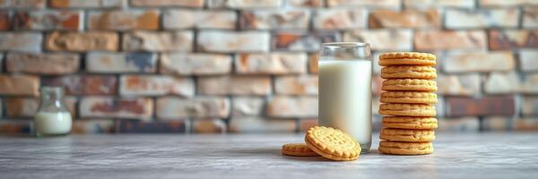 Cookies and glass of milk on a kitchen countertop with rustic brick wall in the background during daylight photo