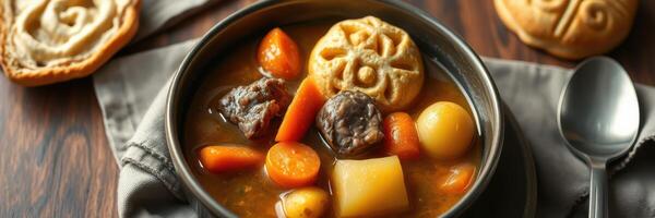 Deliciously hearty beef stew served in a bowl with homemade pastries on a rustic wooden table photo