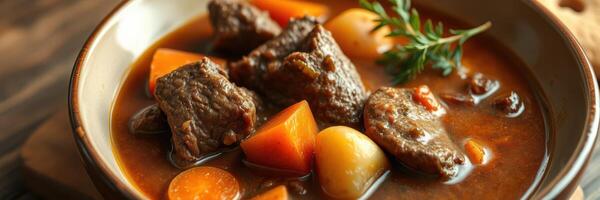 Hearty beef stew with vegetables served in a rustic bowl on a wooden table photo