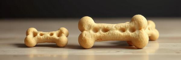 Dog treats in various sizes arranged on a wooden surface during natural light photo
