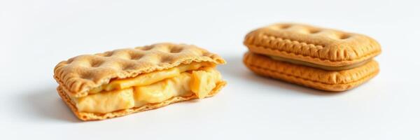 Delicious layered cookies with creamy filling arranged on a white surface photo