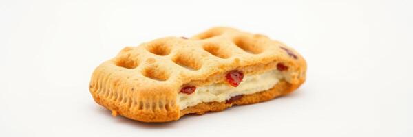 Soft and crunchy cookie filled with sweet cream and bits of dried fruit on a plain background photo