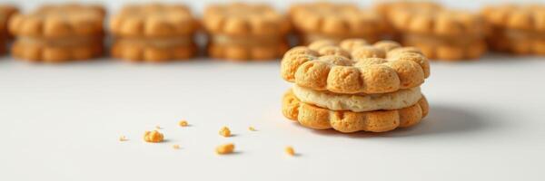 Delicious golden cookies with creamy filling arranged elegantly on a light background photo