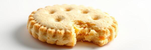 Deliciously baked round cookie with a bite taken from it showcasing a soft filling and textured surface photo