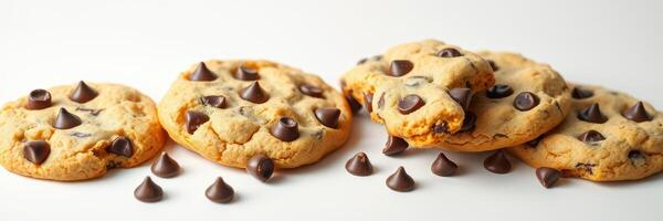 Delicious chocolate chip cookies arranged on a white surface with chocolate chips scattered around them photo