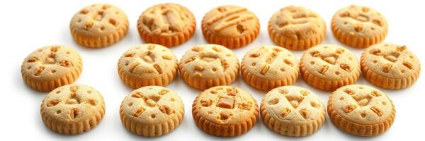 Assortment of round cookies displayed on a white surface in an inviting arrangement for a sweet treat photo