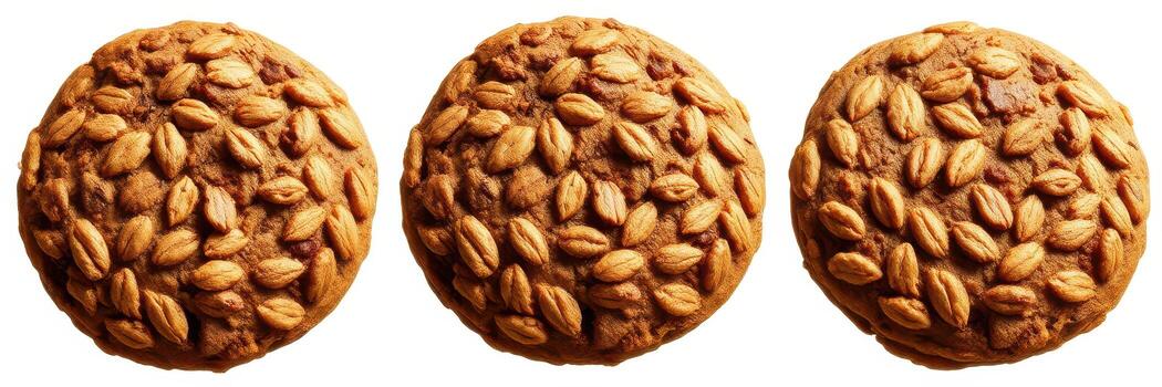 Oatmeal cookies baked to perfection with a golden brown color and textured surface on a clean white background photo