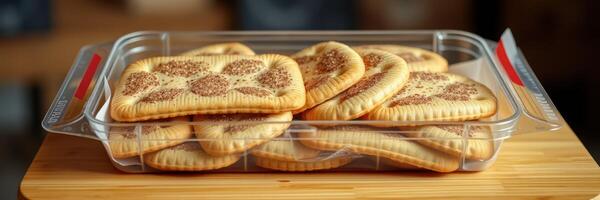Freshly baked cookies displayed in a transparent container on a wooden countertop photo