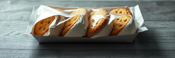 Freshly baked cookies arranged neatly in a tray on a rustic wooden table photo