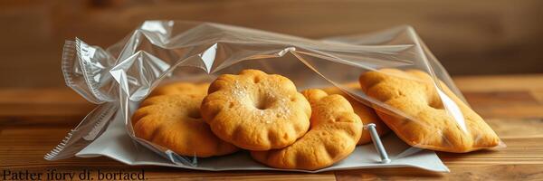 Freshly baked cookies displayed in a clear plastic bag on a wooden table photo