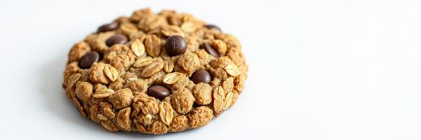 Delicious oatmeal cookie topped with chocolate chips on a clean white background photo