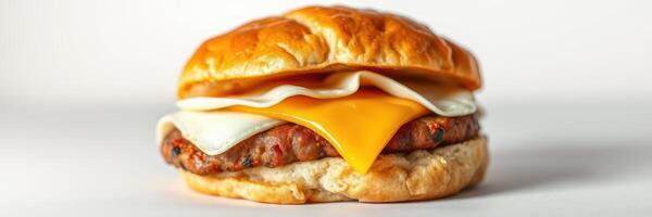 Breakfast sandwich featuring sausage, cheddar cheese, and eggs on a flaky croissant served on a clean white background photo
