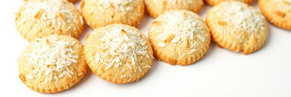 Baked coconut cookies arranged neatly on a white surface, showcasing their golden color and texture photo