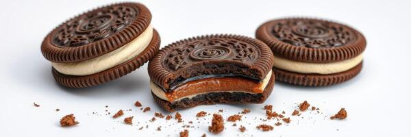 Chocolate sandwich cookies with creamy filling and caramel center displayed on a clean surface photo