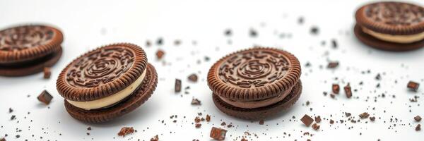 Delicious chocolate cookies arranged artfully on a white surface with crumbs for an appealing dessert display photo