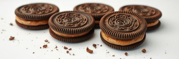 Delicious chocolate sandwich cookies laid out on a clean white surface with crumbs scattered around photo