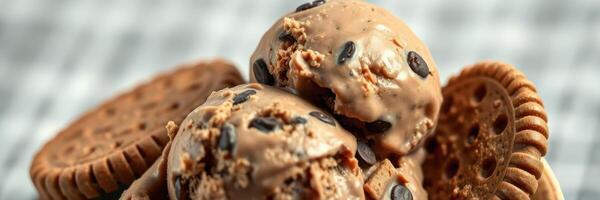 Delicious chocolate chip ice cream served with crunchy cookies in a vibrant setting photo