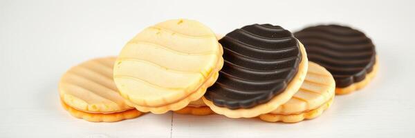 Delicious assorted sandwich cookies stacked on a clear surface ready for enjoyment photo
