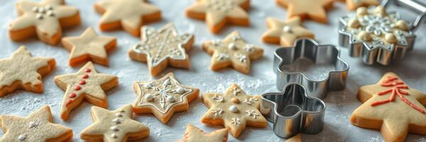 Holiday baking activity with decorated star-shaped cookies and metal cutters on a countertop photo